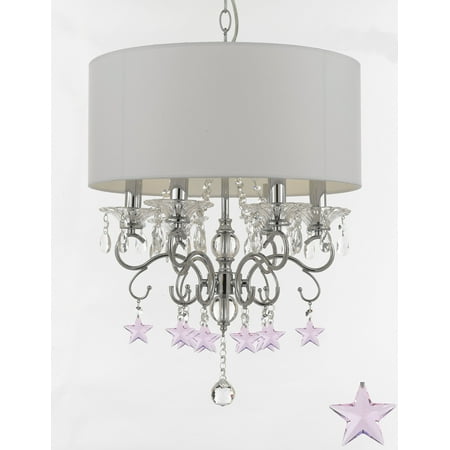- Silver Mist Crystal Drum Shade Chandelier Lighting with Pink Crystal Stars