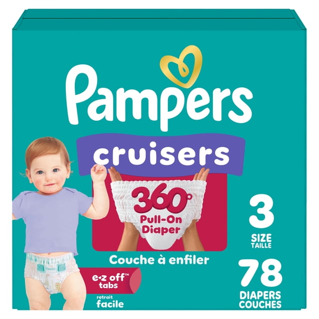 Couches Pampers Cruisers 360°, ajustement jusqu’à 100 % sans fuites, conçues pour les bébés actifs, couche à enfiler, rabats rapides conçus pour faciliter les changements, taille 3