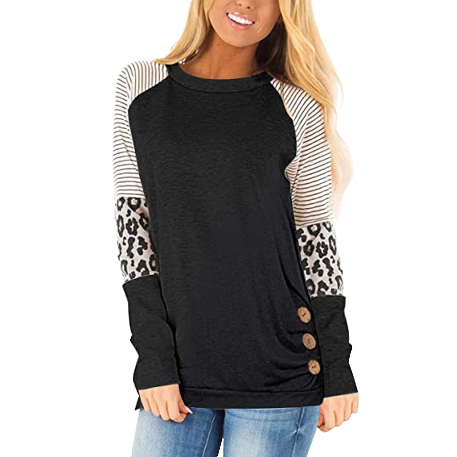 Womens Casual Leopard T-Shirt Fashion Lantern Sleeve Sweatshirt Stripe Patchwork Tops Casual Colorblock Blouse