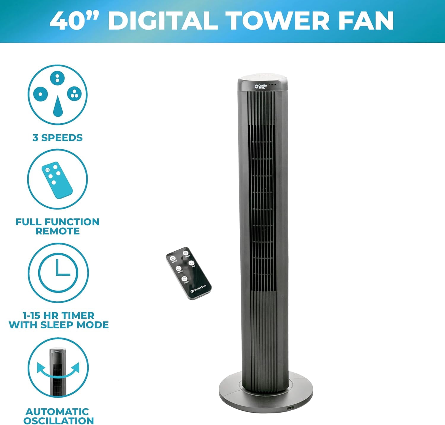 Comfort Zone 40" Tower Fan with Remote Control, 15H Timer, Black