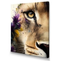 Designart Half Lion Portrait With Flowers Canvas Wall Art