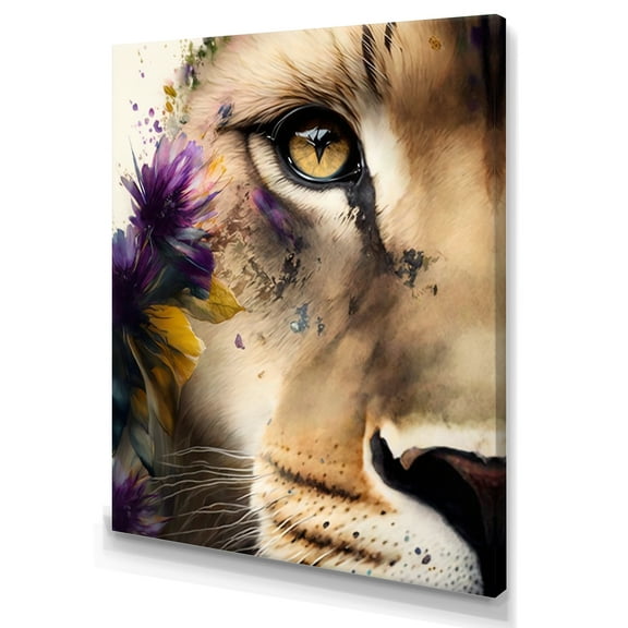 Designart Half Lion Portrait With Flowers Canvas Wall Art