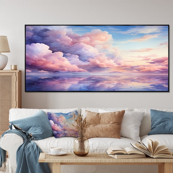 Designart "Pastel Sky Palette Pink and Blue Hues III" Oversized Landscapes Framed Wall Art - Traditional Pink Sky Hallway Framed Wall Art Decor