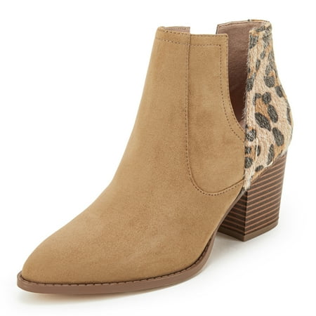 

Women‘s Leopard Print Ankle Boots Cut Out Pointed Toe Booties Chunky Stacked Heel Shoes