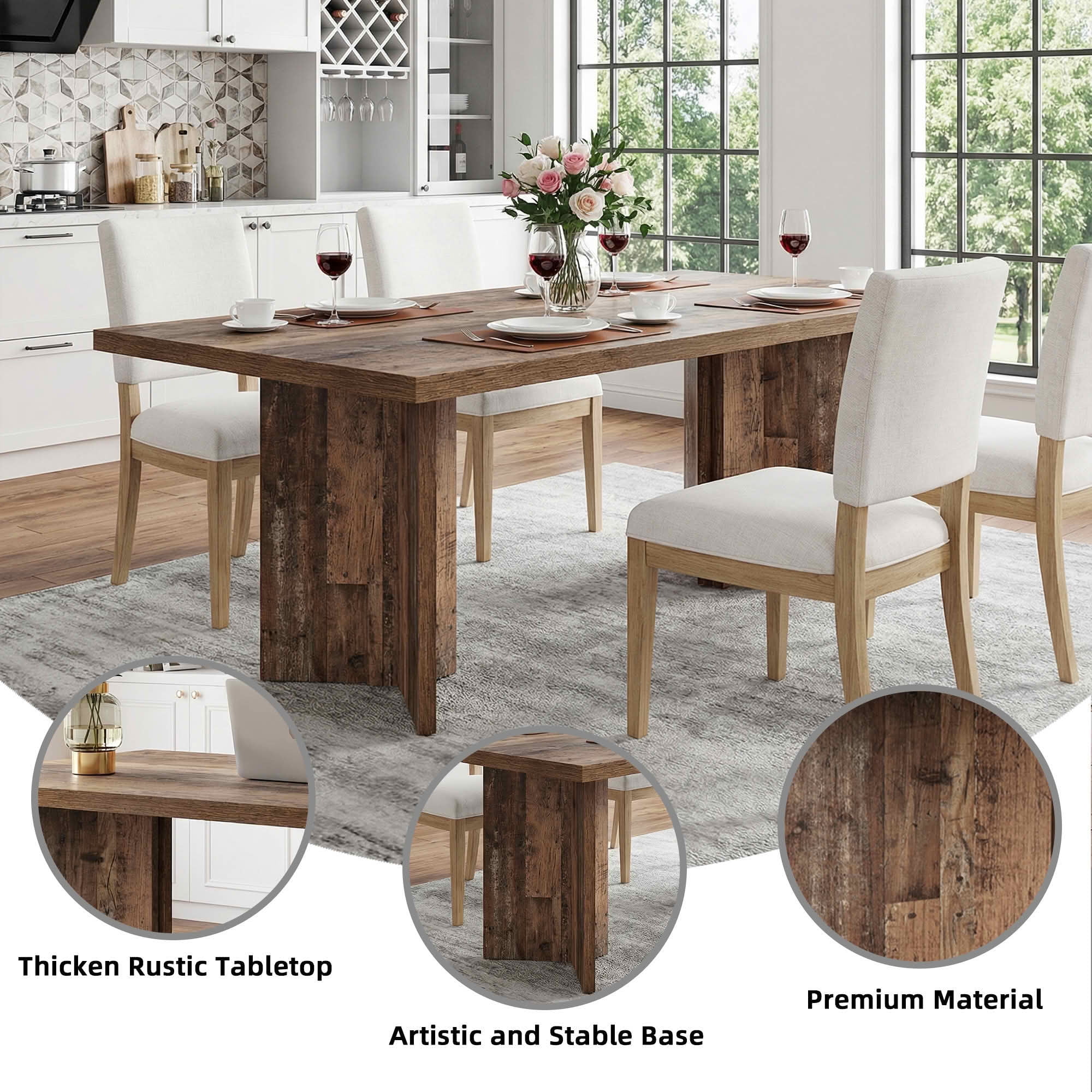 MAYEERTY 63 Inch Rectangular Farmhouse Dining Table, Vintage Walnut Wood Kitchen Dinner Table for 4 to 6 People, 300 LBS Heavy Duty E1 Chipboard Work Desk