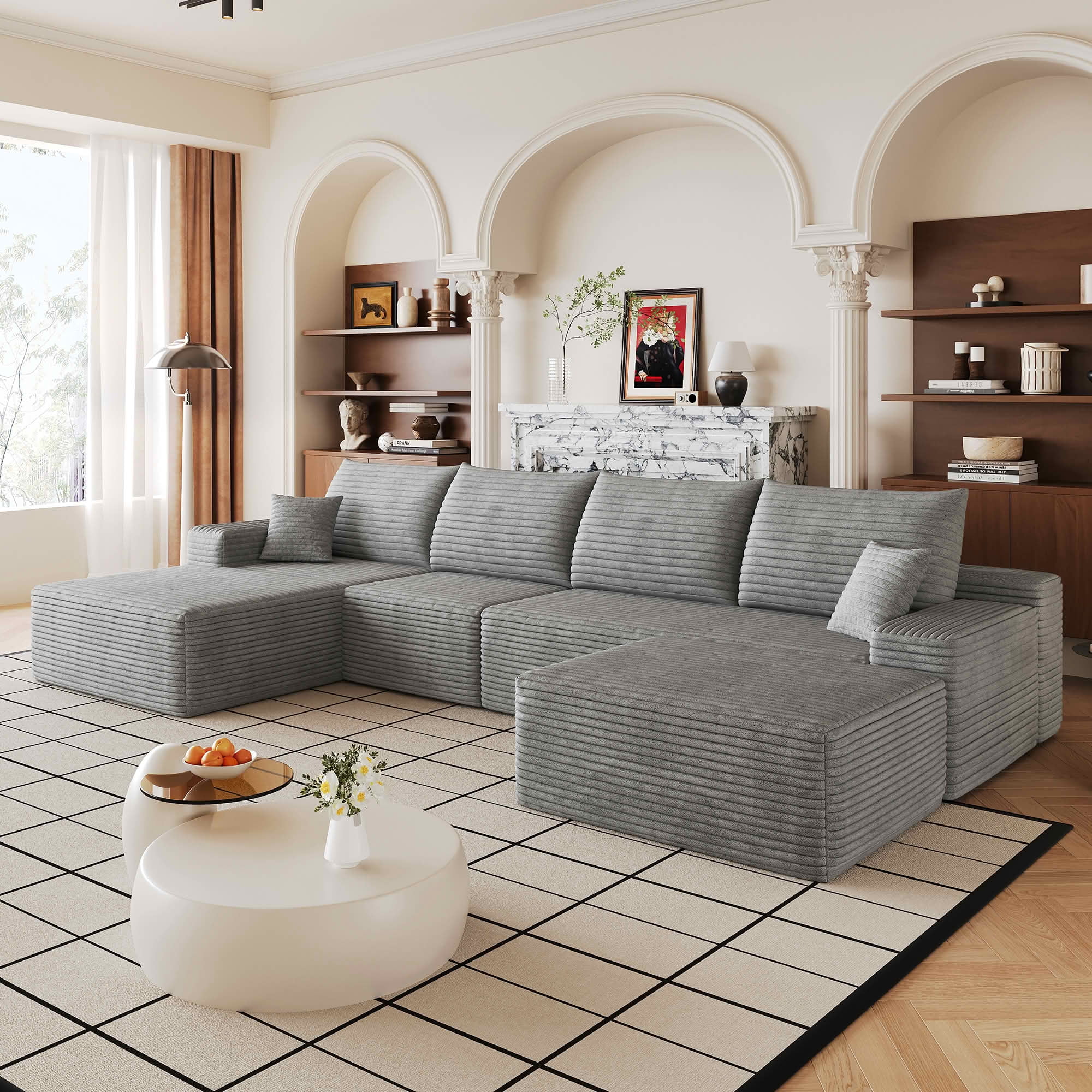 MAYEERTY 135" Cloud U-Shaped Sectional Sofa with 1 Ottoman, Plush Corduroy Deep Seat Modular Couch, No Assembly Minimalist Sofa for Living Room Apartment