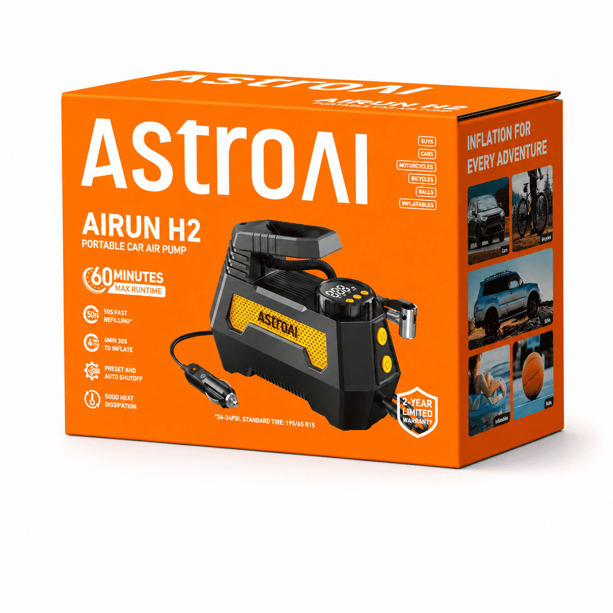 AstroAI H2 Tire Inflator Portable Air Compressor Tire Pumps, 150PSI, 12 DC Auto Pump with Digital Pressure Gauge, Emergency LED