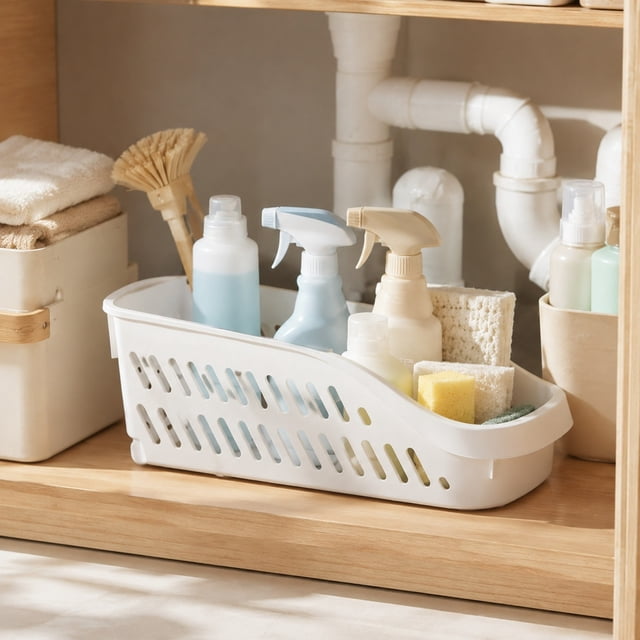 ZZkhGO Versatile Storage Bin with Handle, Stackable Organizer Container, Durable White Plastic Home Organization for Kitchen Pantry Bathroom Cabinet
