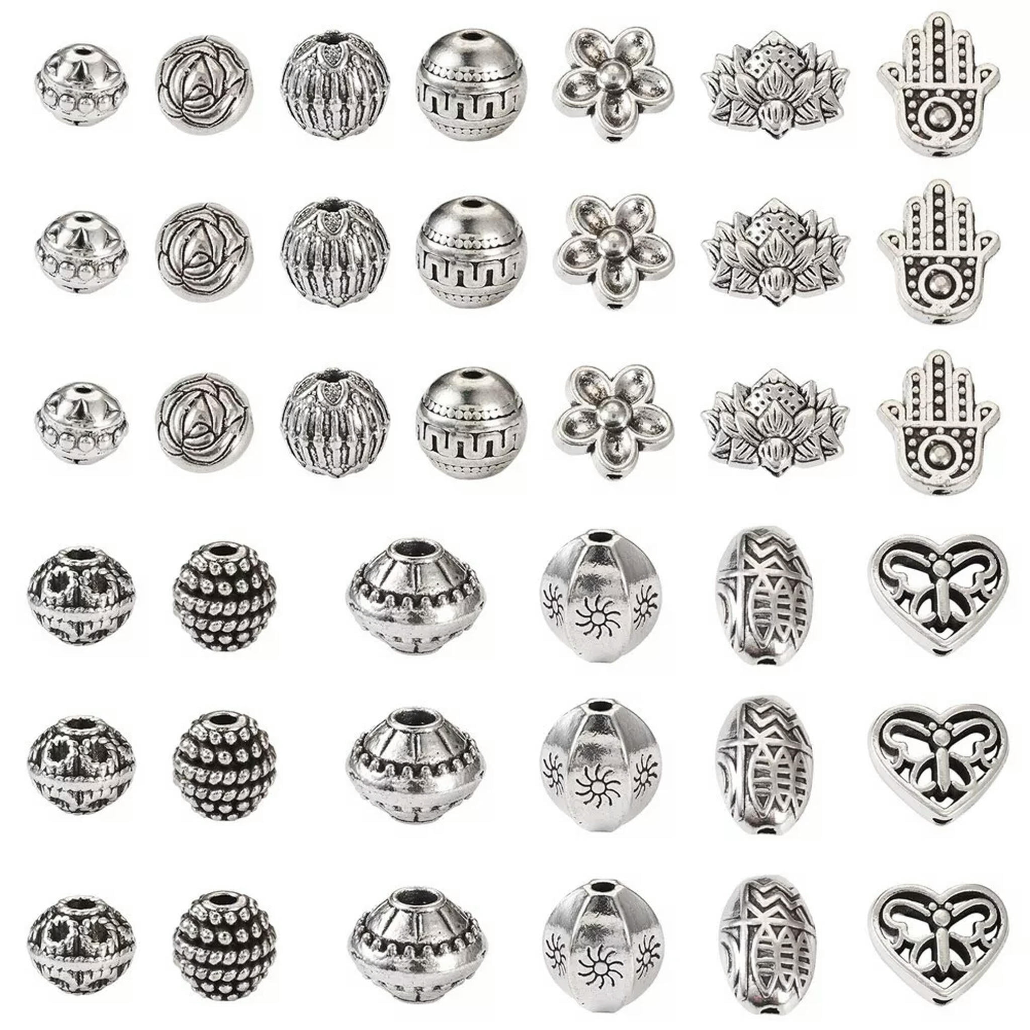 EOEMY 130Pcs Antique Silver Rondelle Barrel Flower Tibetan Style Alloy Beads 7.5~12mm