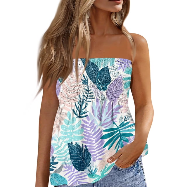 OIOLOYJM Tube Tops for Women Spring Cute Strapless Palm Tree Tank Tops Backless Beach Pleated Party Clothes Mint Green M