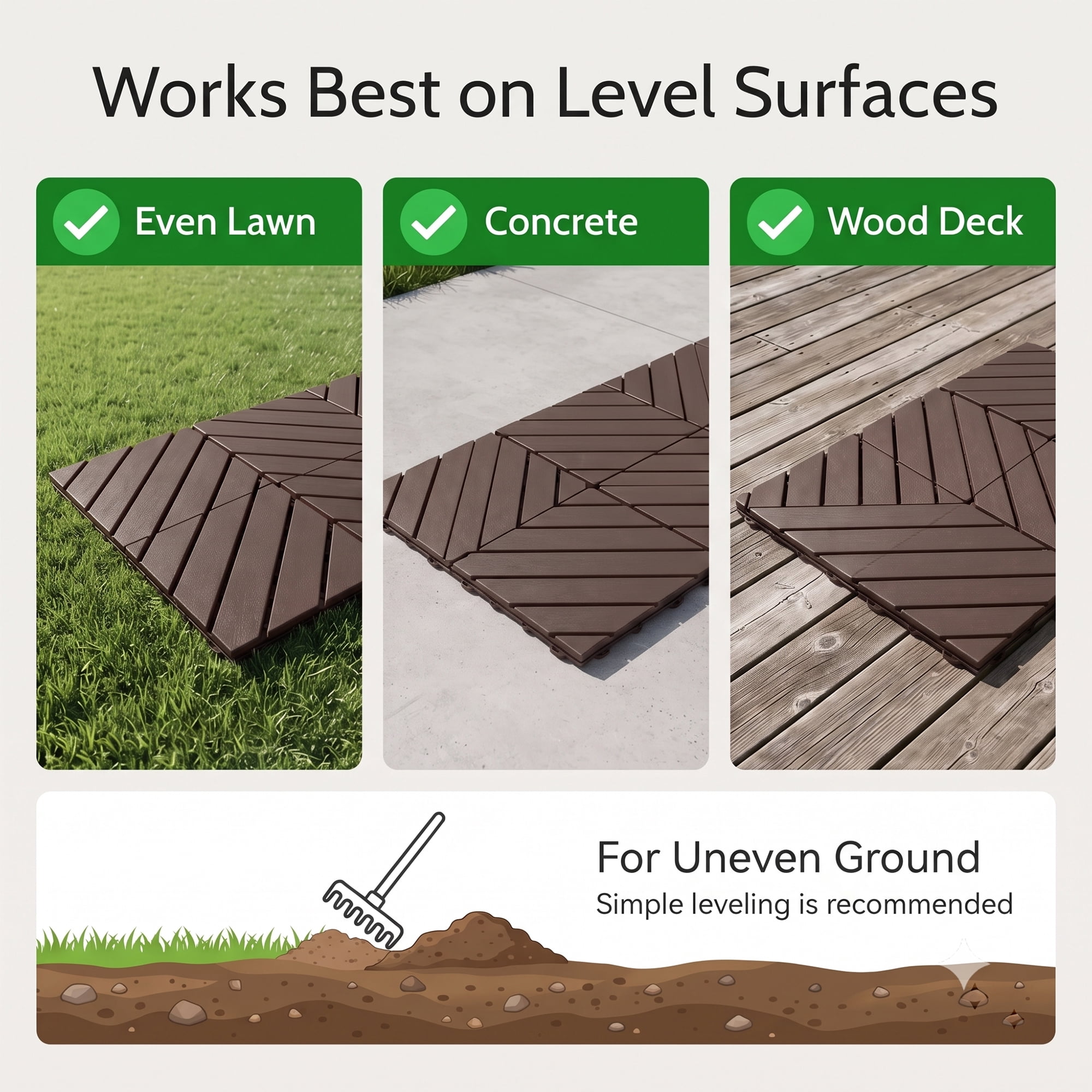 Interlocking Deck Tiles 44-Pack 12x12 Inch, Waterproof Patio Flooring and Snap Together Decking Tiles with Non-Slip Surface for Poolside Porch Garden, Brown