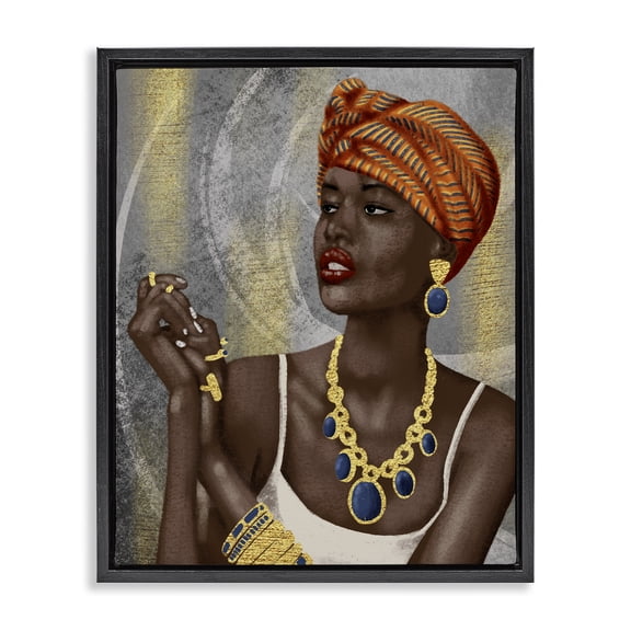 Stupell Industries Woman with Glimmering Jewelry Portrait Painting Black Floater Framed Canvas Art Print Wall Art, 17 x 21