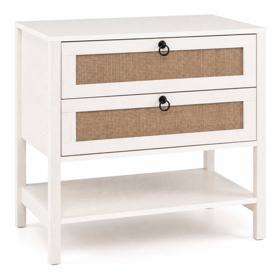 Furnibear Boho Rattan Nightstand with 2 Drawers and Bottom Open Shelf for Bedroom Living Room Bedside Sofa Side Small Space, White