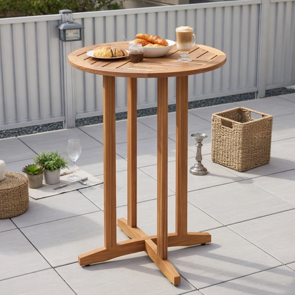 Spaco 39 Inch Outdoor Acacia Wood Bar Table with Slatted Table Top, Bar Table for Patio, Garden, Backyard, Brown