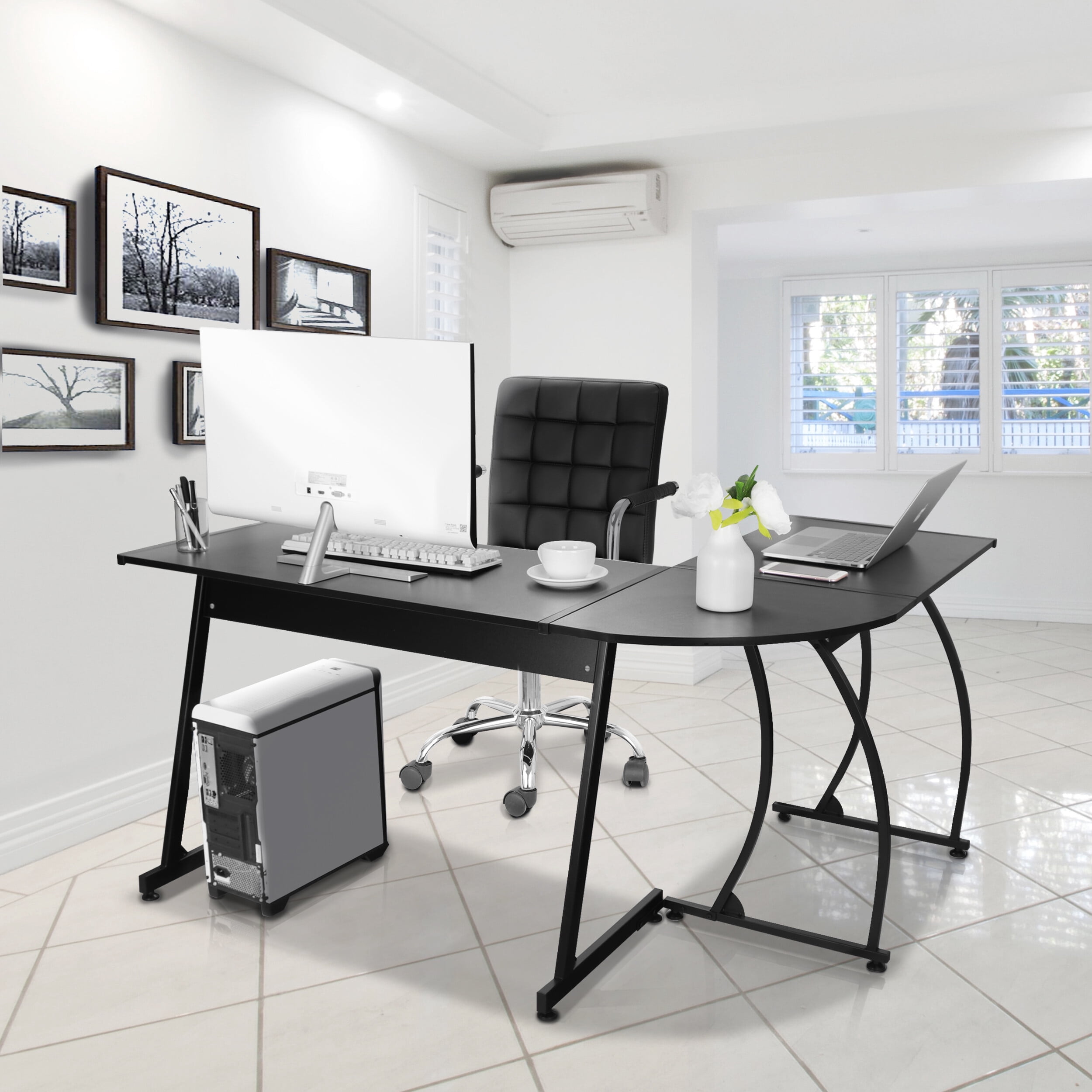 SuperDeal 58" L-Shaped Computer Desk Two-Way Setup Corner Table Black Powder Coating