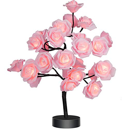 FRCOLOR Rose Flower Table Lamp LED Desk Tree Lamp Battery Operated Artificial Flower Bedside Light Valentines Day Wedding Gift for Home Bedroom Living Room Decor Pink