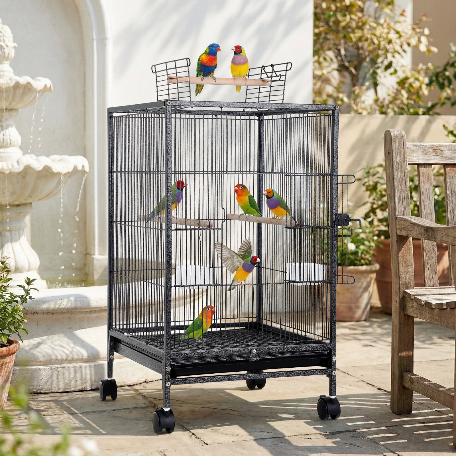 NiamVelo Bird Cage 35 Inch Wrought Iron Flight Birdcages for Cockatiels Parakeets Pigeons Parrot Lovebird with Rolling Stand Bird Playground, Black