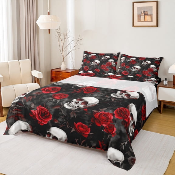 jejeloiu Romantic Red Rose Twin Sheet Sets,Gothic Skull Skeleton Twin Fitted Sheet,Velantine Flowers Flat Sheet For Men Women,Luxury Bedroom Decor,3-Piece