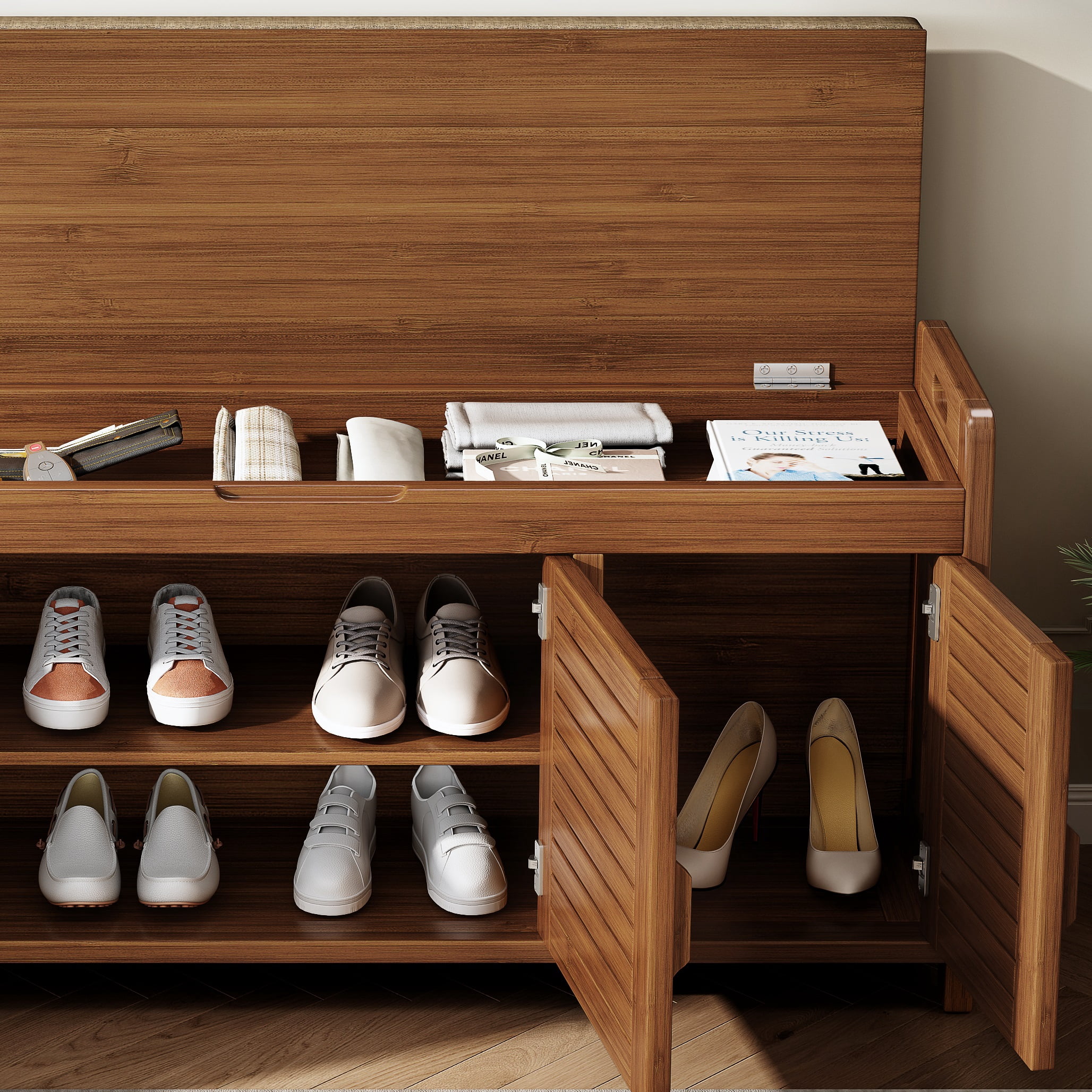WILK Shoe Storage Bench  & Shoe Cabinet with Cushion Seat ,100% Solid Shoe Rack Bench with 3 Doors, Hidden Shoe Bench with Storage for Entryway, Hallway, Mudroom (Brown)