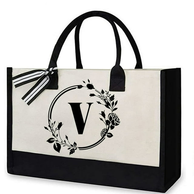 Canvas Handbag Letters Flower Portable Beach Shoulder Shopping Totes (V)