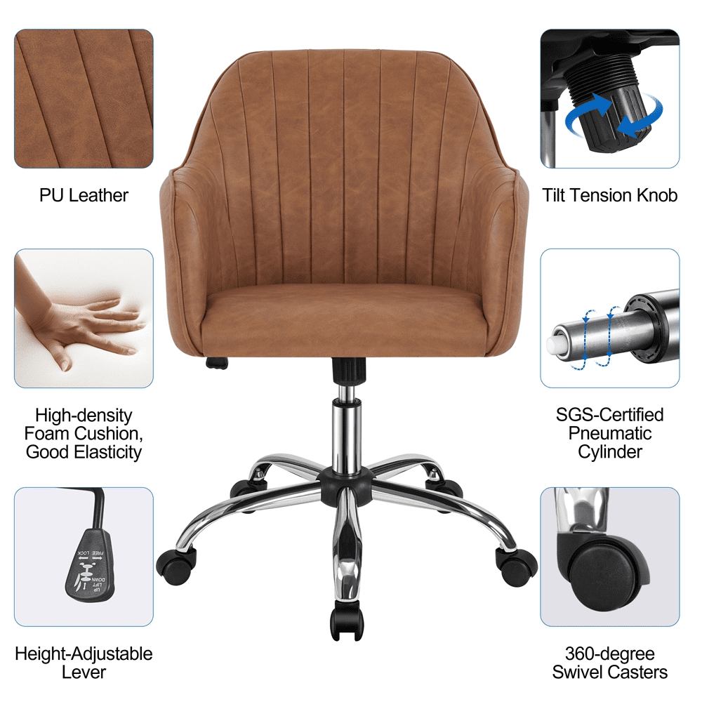 Alden Design Modern Faux Leather Desk Chair for Home Office, Retro Brown