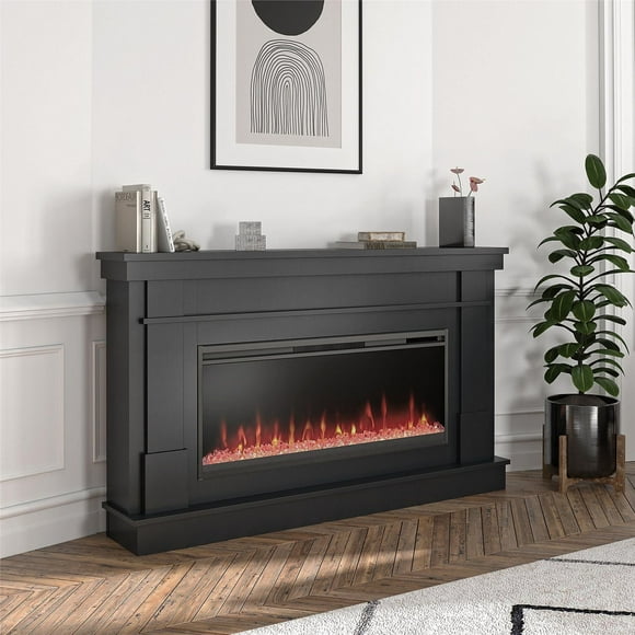 Novogratz Waverly Wide Mantel with Linear Electric Fireplace & Crystal Ember Bed, White Marble