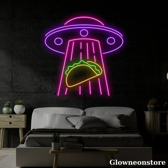 Glowneon UFO Abduction Tacos Neon Sign, Alien Abducting Tacos Led Sign, UFO Neon Sign