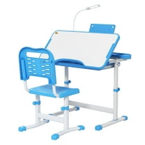 Kids Table and Chair Set with USB Light, Blue - Adjustable Study Desk for Children 6-12, Storage Drawer, Ergonomic Design