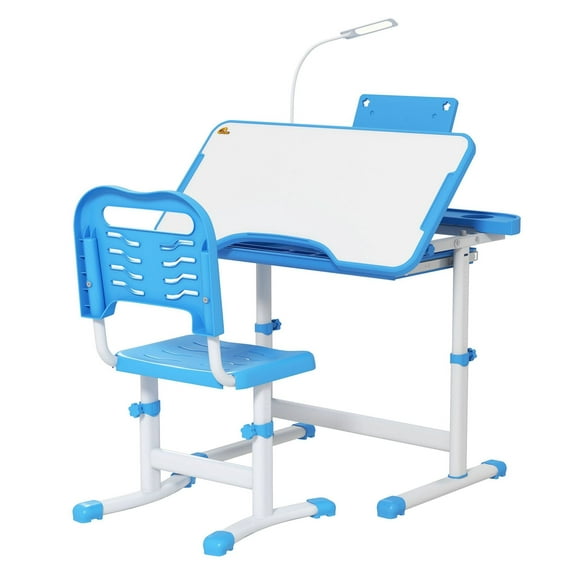 Kids Table and Chair Set with USB Light, Blue - Adjustable Study Desk for Children 6-12, Storage Drawer, Ergonomic Design