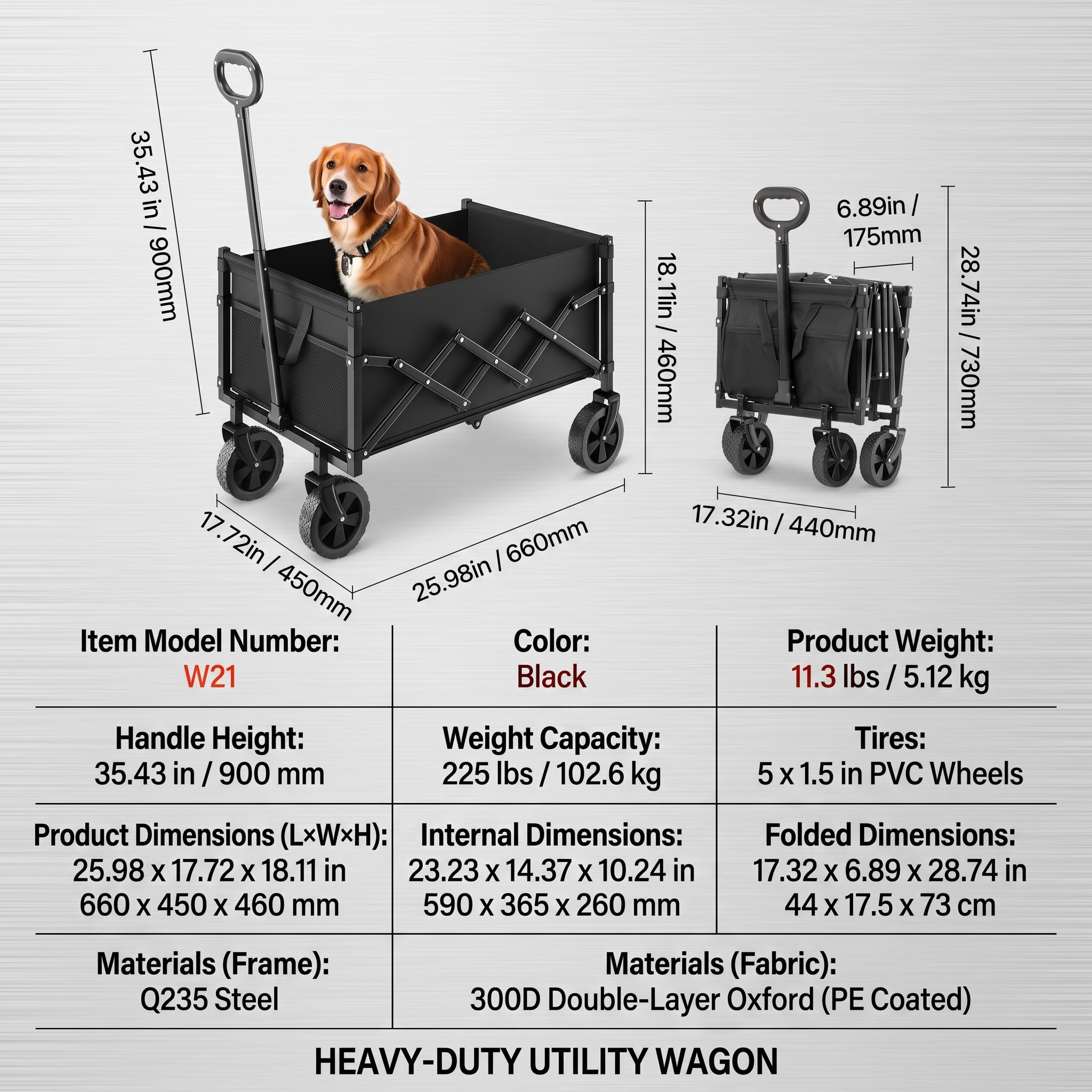 Collapsible Wagon Carts, 120L & 225LBS Folding Wagons with All-Terrain Wheels, Heavy Duty Outdoor Utility Cart with Adjustable Handle, Portable Camping Cart for Beach Grocery Garden, Black