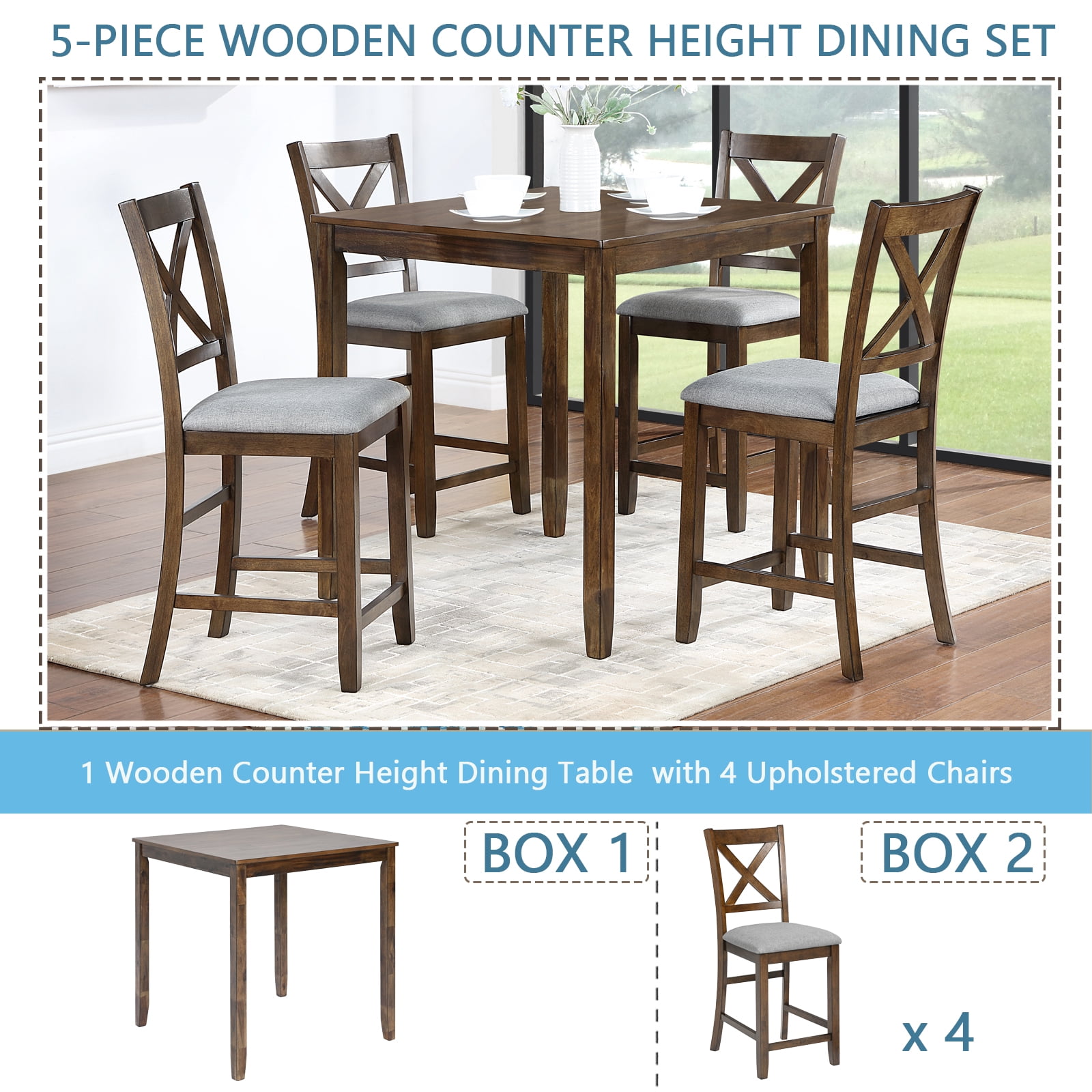 BSHTI 5-Piece Counter Height Solid Wood Dining Table Set – 34.5" Square Table + 4 Chairs, X-Back Design, Linen Upholstery 4 Chair Dining Table Set, Walnut Finish for Kitchen & Dining Room