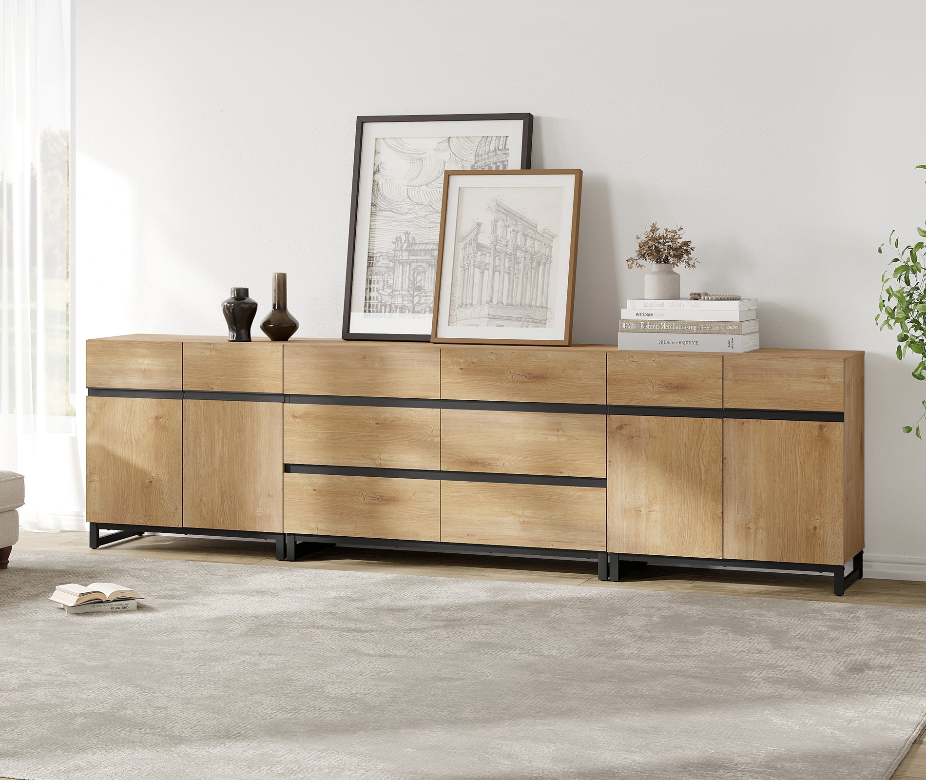 3 In 1 Multifunctional Dresser with 6 Drawers, Modern Chest of Drawers with Adjustable Shelf, Multi-purpose Closet Organizer Storage Cabinet for Bedroom,Oak