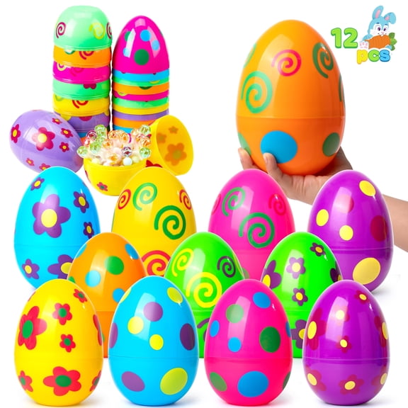 Joyfy 12 Pcs Large Printed Easter Eggs, 6" Jumbo Plastic Empty Fillable for Easter Egg Hunt, Basket Stuffers/Fillers, Filling Treats, Party Favors Supplies, Classroom Prizes