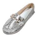 thumbnail image 3 of Women's Loafers Wide Width, French Retro Metallic Leather Slip-On Flats, Metal Chain Soft Sole Moccasins Casual Shoes, Gold/Silver, 3 of 9