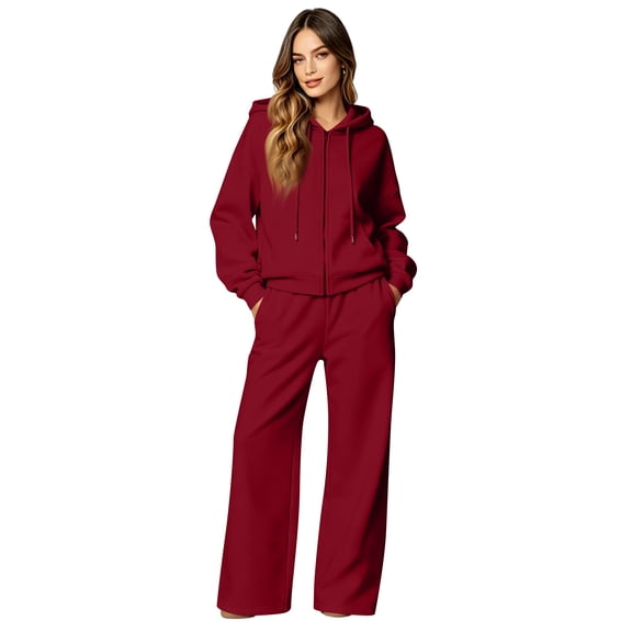 Two Piece Sets for Women Lounge Long Sleeve Zip Up Hoodies Matching Wide Leg Sweatpants Cute Cozy 2026 Outfits with Pockets Wine XL