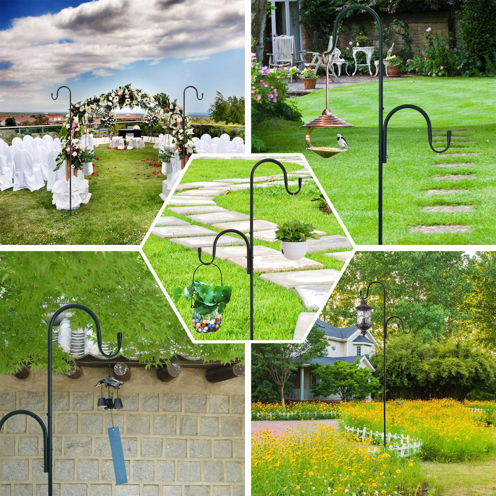 78 Inch Double Shepherds Hooks For Outdoor Bird Feeder Hanging Plants Solar Light Adjustable 78/62/46/30 3/4 Width Garden Shepards Hook