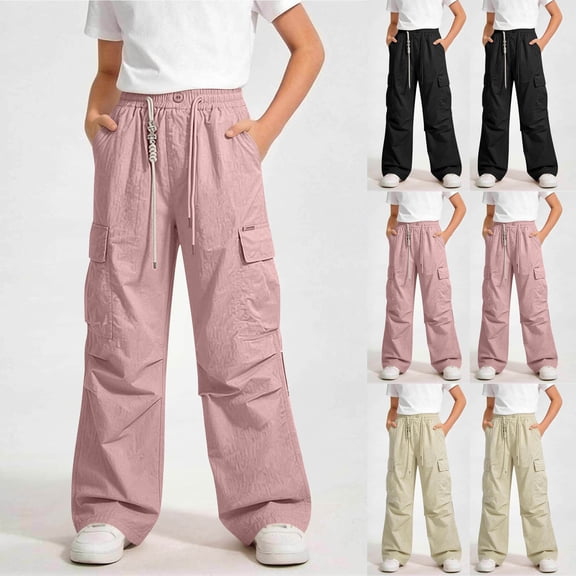 DJDLJWCJ Teen Cargo Pants for Girl 14-16 Straight Leg Elastic Waist Baggy Pants Solid Color Lightweight Work Pants Beige Size 7