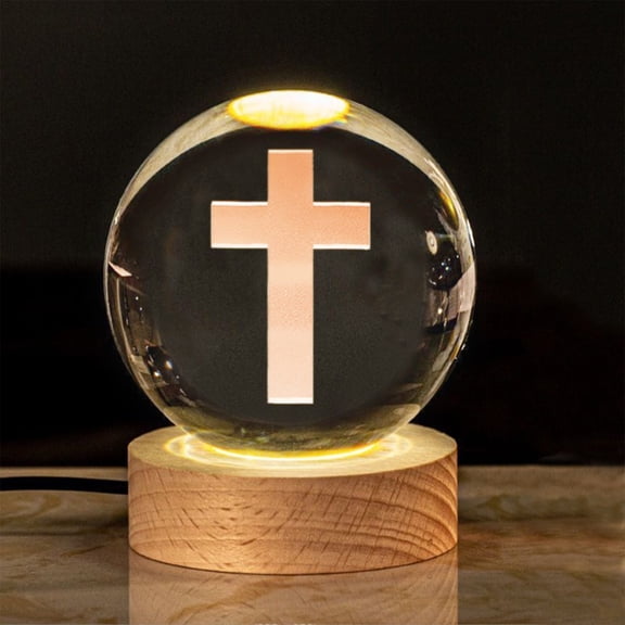 Xecvkr Jesus Crystal Ball Night Light, Engraved Holy Family Figurine, Color Changing LED Base, Religious Gift, Catholic, USB Powered, Wood Stand, 6cm