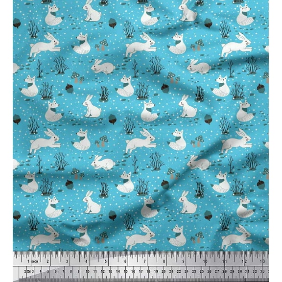 Soimoi Blue Cotton Duck Fabric Mushroom,Oaknut & Rabbit Animal Print Fabric by The Yard 42 Inch Wide