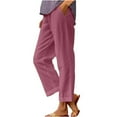 thumbnail image 3 of Dazajoo Womens Linen Pants with Pockets Straight Leg Elastic High Waisted Cotton Pants Summer Lightweight Solid Color Beach Pants Vacation Sale,Purple,L, 3 of 7