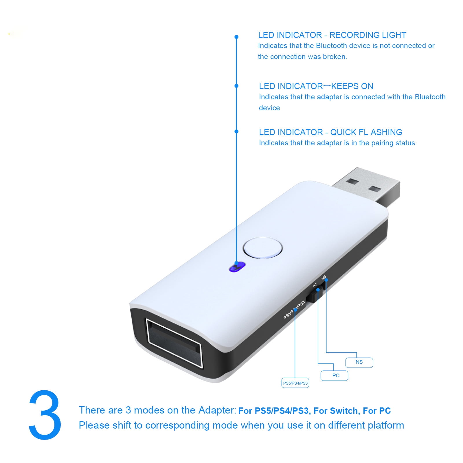 Wireless USB Adapter for PS5/PS4/PS3/Switch/PC Controller, USB BT-Compatible PC Adapter, Receiver, Game Console Wired Converter-White
