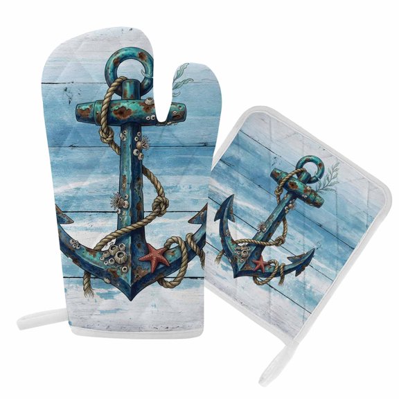 Oven Mitts and Pot Holder Set for Kitchen, Retro Nautical Anchor Kitchen Oven Gloves Heat Resistance Non-Slip Surface Potholders Rustic Blue Wood Grain Hot Pads Sets for Cooking Baking Grilling BBQ