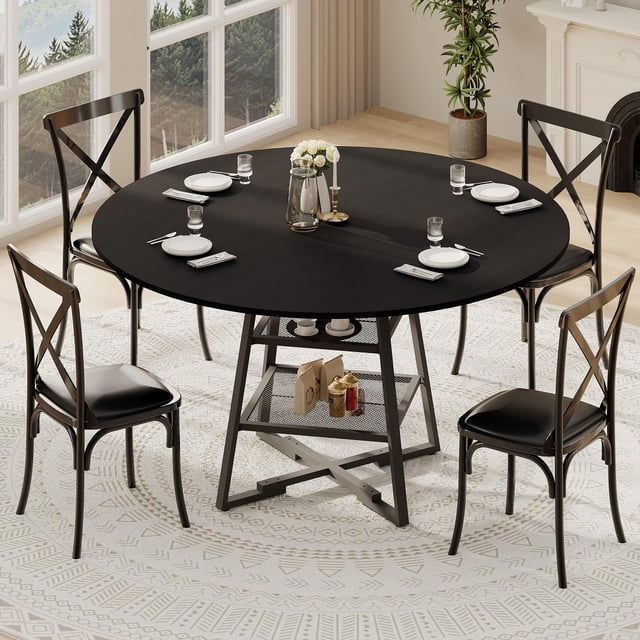 GloryStar Metal Base Round Dining Table, Wooden Kitchen Table for 4–6 with Built-In Storage Shelf (Without Chair)