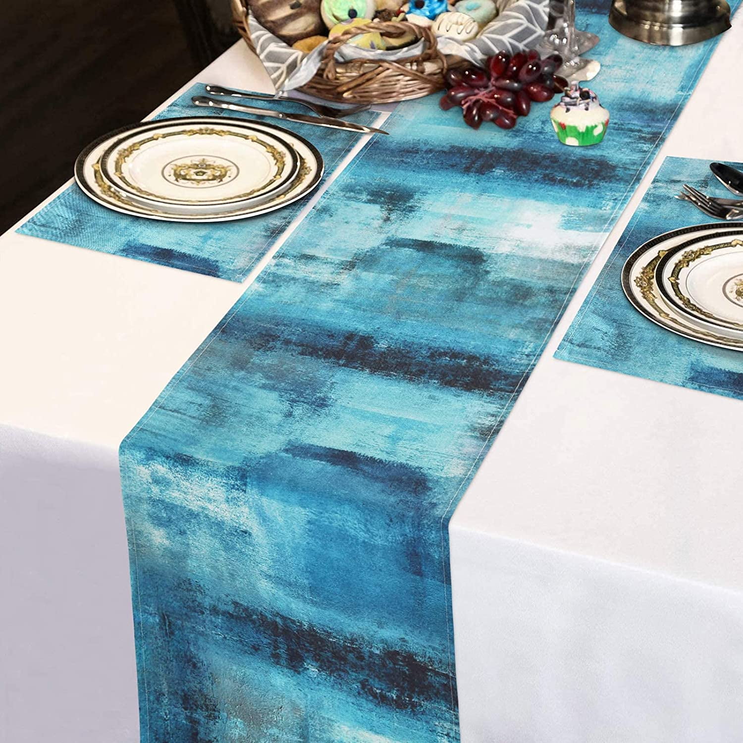 EAYY Abstract Art Table Runner, Farmhouse Style Table Runner 70 Inches Long, Blue and Grey