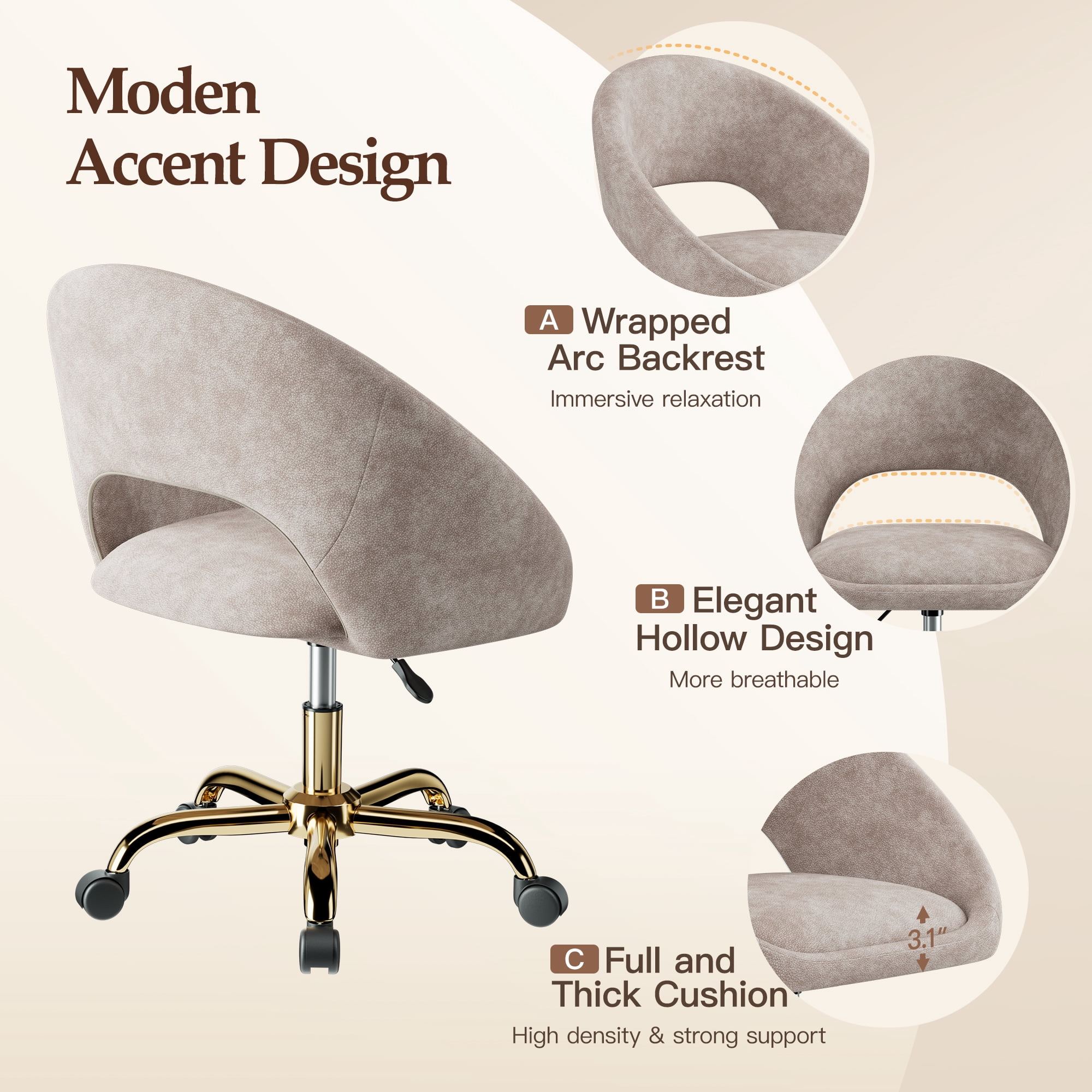 COOLHUT Home Office Desk Chairs, Adjustable Swivel Vanity Chair, Modern Makeup Vanity Chairs, Rolling Vanity Chair with Golden Base for Bedroom, Living Room, Computer Room, Khaki