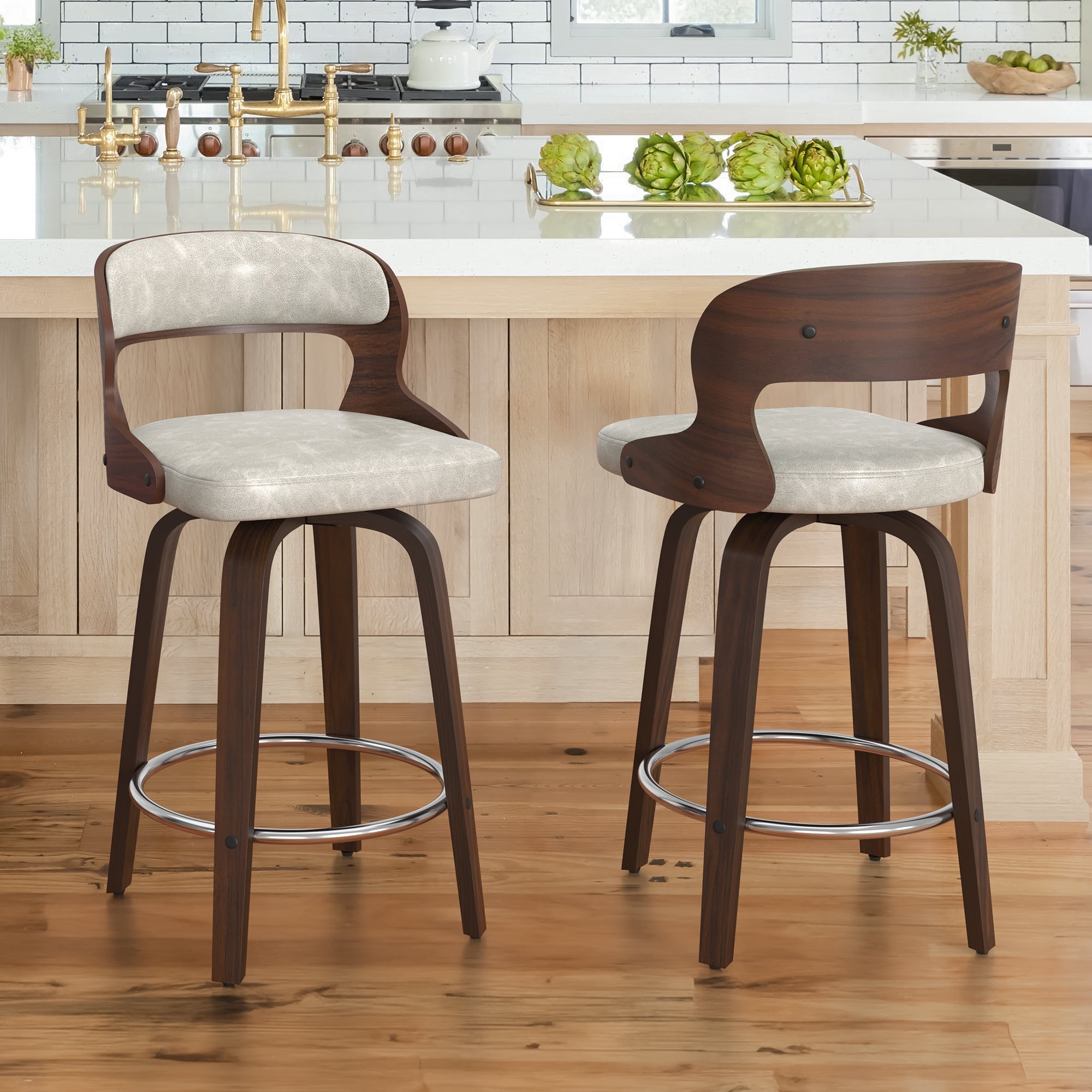 Dycanpo 26”Bar Stools Swivel, Wood Counter Height Bar Stools for Home Kitchen, Light Beige Gray