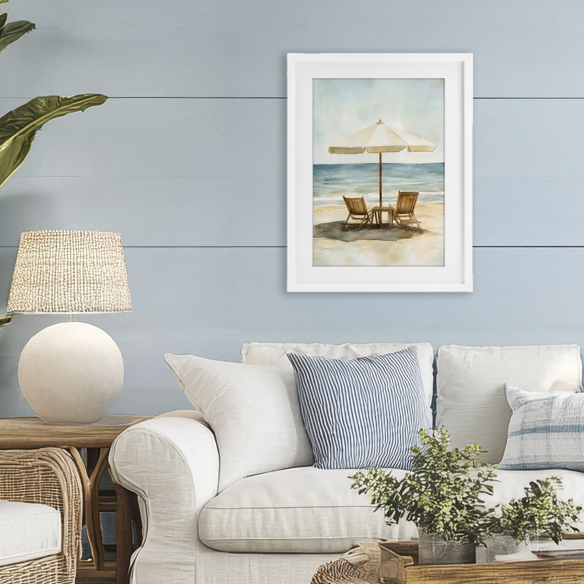 Stupell Industries Watercolor Paradise Seaside Retreat White Framed Print Under Glass, design by Petal Prints Design