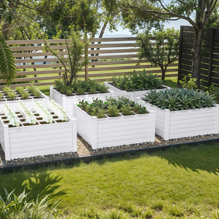 Modfusion 4x4x2 ft Resin Raised Garden Bed Kit with Divider, Modular Expandable Plastic Vinyl Planter Boxes, White Elevated Pot, Composting Bed