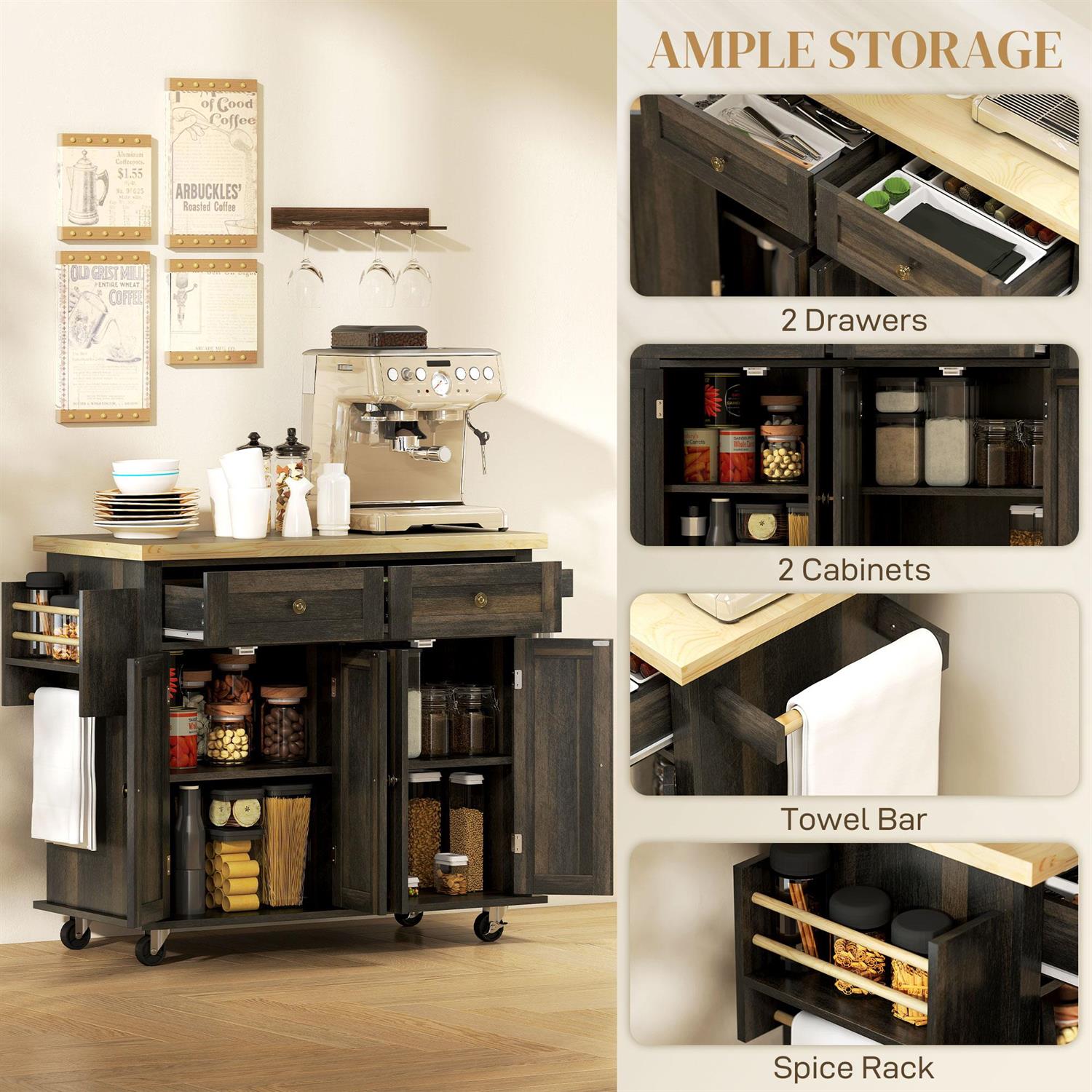 Demi Bonn 43" Rolling Kitchen Island Table Cart with Rubber Wood Top, Drawers, Adjustable Shelves, Spice Rack and Towel Rack for Dining Room, Brown