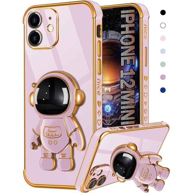 Funda para iPhone 12 Mini con diseño de astronauta, ideal para mujeres y niñas, color morado, única y con soporte oculto de astronauta, diseño 6D para iPhone 12 Mini de 5,4 pulgadas.